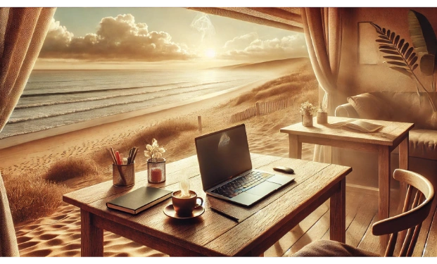 A laptop on a table beneath a canopy with a view to a beach