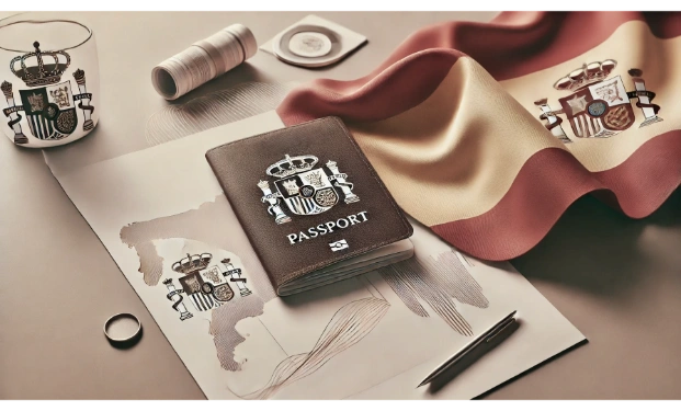 Spanish Passport and a flag in a surface with documents