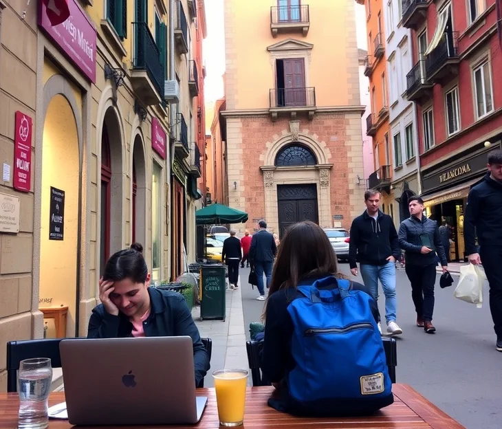 People in old town working with laptop
