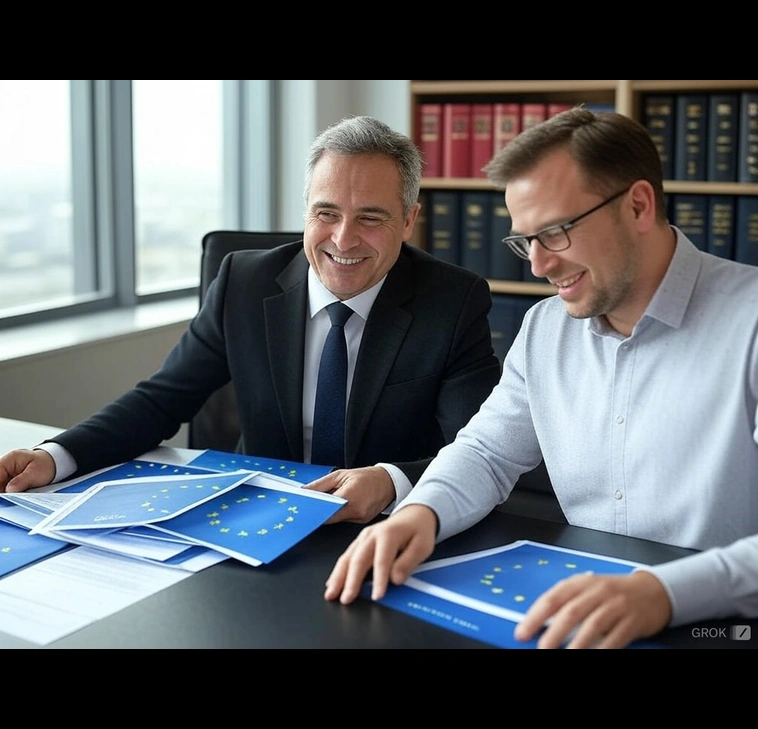 Two men sorting EU relocation documents